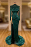 Dark Green Beadings Pearl Long Sleeves Evening Gowns Mermaid Formal Prom Dress With Slit