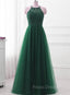 Dark Green Cross Back Tulle Halter Long Party Dress, A-line Junior Formal Prom Dress