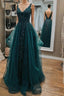 Dark Green Lace Beaded Long Formal Prom Dress, V Neck Backless Formal Dress