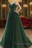 Dark Green Long Beaded A-line Evening Dress Party Dress, Green Formal Prom Dress