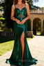 Dark Green Mermaid Metallic Pleated Corset Long Prom Dress with Slit