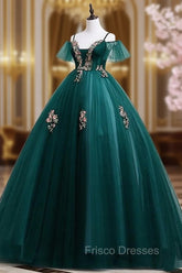 Dark Green Off Shoulder Tulle Party Dress with Lace, Green Formal Dress Formal Prom Dress