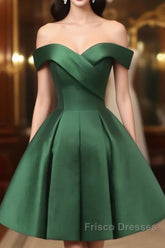 Dark Green Satin Off Shoulder Knee Length Party Dress, Green Homecoming Dress Formal Prom Dress