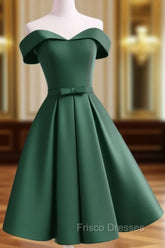 Dark Green Satin Off Shoulder Short Formal Prom Dress, Green Homecoming Dress