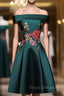 Dark Green Satin Off the Shoulder Appliques Tea Length Formal Prom Dress
