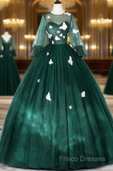 Dark Green Tulle Long Formal Prom Dress, A-Line Long Sleeve Formal Party Dress With Butterfly Appliques