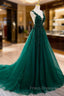 Dark Green V-neckline Lace Long Beaded Formal Prom Dress, Dark Green Party Dress