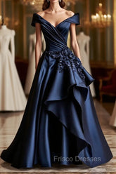 Dark Navy A-Line V Neck Satin Long Formal Prom Dress Simple Applique Evening Dress