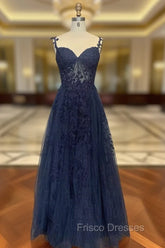 Dark Navy Blue Long Lace Formal Prom Dress, Dark Navy Blue Long Lace Formal Evening Dress