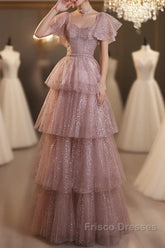Dark Pink Shiny Tulle Short Sleeves Party Dress, Beaded Pink Tulle Formal Prom Dress