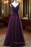 Dark Purple V-neckline Beaded Tulle Long Formal Dress, Purple Evening Dress
