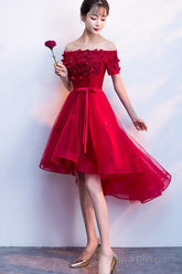 Dark Red High Low Flowers Homecoming Dress, Charming Prom Dress