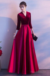 Dark Red Satin And Velvet Simple Long Wedding Party Dress, Dark Red Evening Dresses Prom Dresses