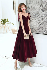 Dark Red Straps Velvet Elegant Tea Length Bridesmaid Dress, Burgundy Prom Dress Party Dress