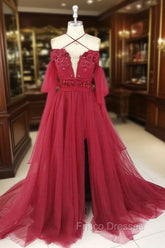 Dark Red Tulle Lace Long Formal Prom Dress, Red Tulle Lace Evening Dress