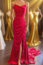 Straps Red Ruched Mermaid Long Formal Prom Dress