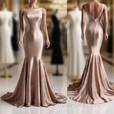 Deep Champagne Mermaid Simple Satin Long Formal Prom Dress Backless Evening Gown