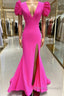 Deep V-Neck Hot Pink Mermaid Long Formal Prom Dress With Balloon Sleeves