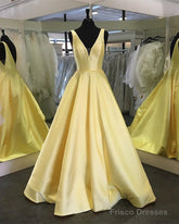 Deep V-Neck Long Satin Floor Length Prom Dress Backless Evening Gowns