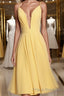 Deep V Neck Short Yellow Formal Prom Dresses, Short Backless Formal Homecoming Dresses