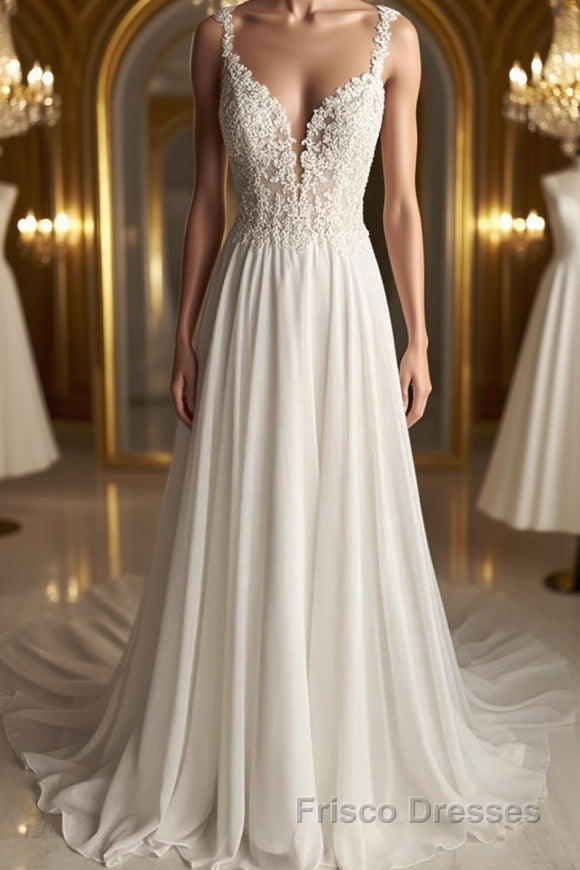 Deep V Neck White Lace Long Formal Prom Dresses, Long White Formal Dre