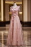 Delicate V-Neck Pink With Rhinestones Lace Appliques Formal Prom Dress