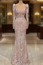 Designer Pink V-neck Lace Mermaid Formal Prom Dress Evening Gowns With Long Sleeves