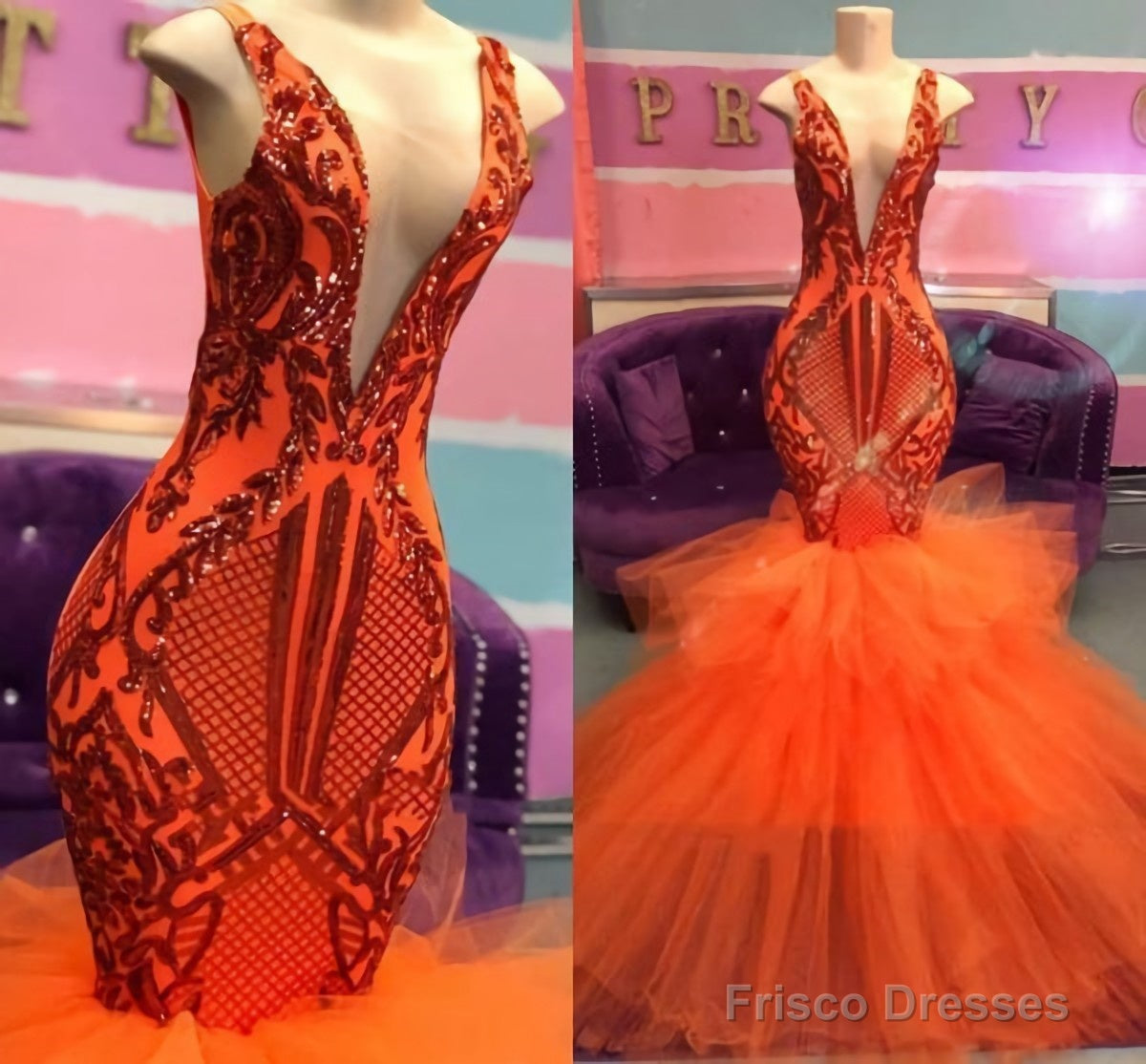 Black Girl Prom Dress, Orange Mermaid Lace Appliques Prom Dresses, Tul Frisco Dresses Black Girl Prom Dress, Orange Mermaid Lace Appliques Prom Dresses, Tul Frisco Dresses