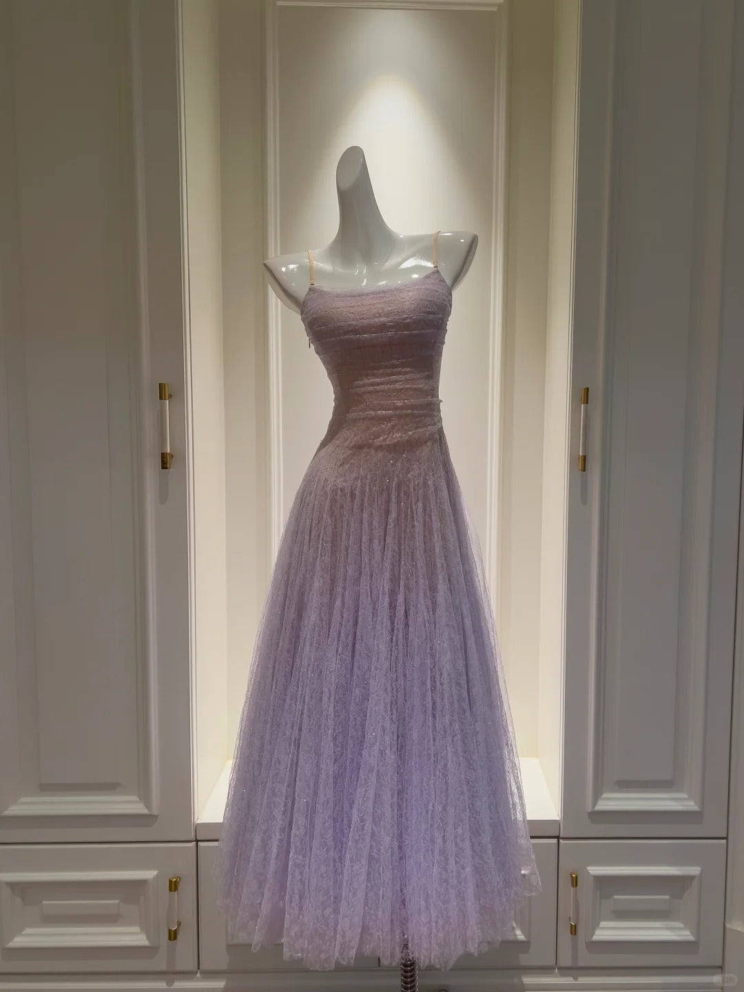 lavender long formal dress Dreamy A-Line Suspender Strap Pleated Tulle Prom E – Frisco Dresses polka dot satin dress formal evenings 80s Does 50s Vintage Size:US 22W