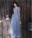 Dreamy Light Blue Square Neck Puff Sleeve A-Line Embroidered Sequined Tulle Long Prom Dress Evening Dress