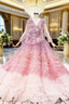 Dreamy Pink Ball Gown V-neck Long Sleeve Tulle Pleats Appliques Wedding Dress