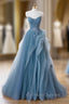 Dusty Blue Tulle Floor Length Formal Prom Dress, Blue Off the Shoulder Removable Sleeve Evening Dress
