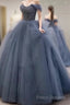 Dusty Blue Tulle Formal Prom Dress Off Shoulder
