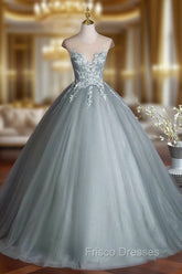 Dusty Green Tulle Floor Length Formal Prom Dress with Lace, Elegant A-Line Formal Evening Dress