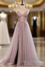 Dusty Pink Spaghetti Straps Gorgeous Beading Formal Prom Dress A Line Split Tulle Evening Dress