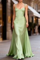 Dusty Sage Cute Satin Long Formal Prom Dress with Pleated