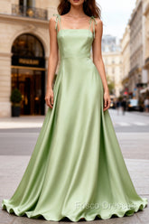 Dusty Sage Elegant Satin Long Formal Prom Dress with Pleated
