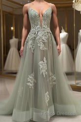 Dusty Sage Formal Prom Dresses Plunging V Neck Appliques Lace-Up A-line Long Evening Gown