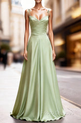 Dusty Sage Satin Long Classy Formal Prom Dress with Pleated