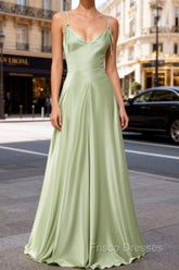 Dusty Sage Unique Satin Long Formal Prom Dress with Pleated