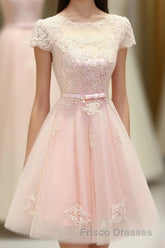 Pink Lace Tulle Short Formal Prom Dress, Pink Evening Dress