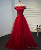 Burgundy Lace Tulle Long Prom Dress, Off Shoulder Evening Dress