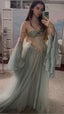 Elegant A Line Off The Shoulder Floor-Length Tulle Long Sleeves Evening Dress Prom Dresses