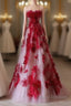 Elegant A Line Strapless Tulle Floral Red Formal Prom Dress