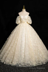 Elegant A-Line Tulle Floor Length Prom Dress, Champagne Off The Shoulder Evening Party Dress