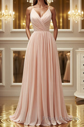 Elegant A Line V Neck Pink Long Formal Prom Dresses, Pink Formal Graduation Evening Dresses