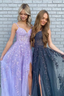 Elegant A Line V Neck Purple/Black Tulle Lace Long Prom Dresses, Purple/Black Lace Formal Graduation Evening Dress