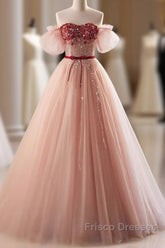 Elegant And Sweet Powder Blusher Powder Beading Sequins Off Shoulder Short Sleeve Formal Prom Dress Powder Blusher Powder A-Shaped Princess Bow Belt Tulle Backless And Floor Length Evening Dress