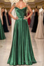 Elegant Backless Green Satin Long Formal Prom Dresses, Backless Green Formal Graduation Evening Dresses