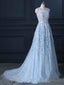 Elegant Blue Lace Beaded Illusion A-Line Prom Dress,